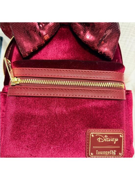 Disney Loungefly Minnie Mouse Velvet Sequin Bow Mini Backpack Burgundy Red NWT main image 3